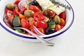 Vegetable salad with olives and feta cheese.Traditional Greek cuisine.Selective focus
