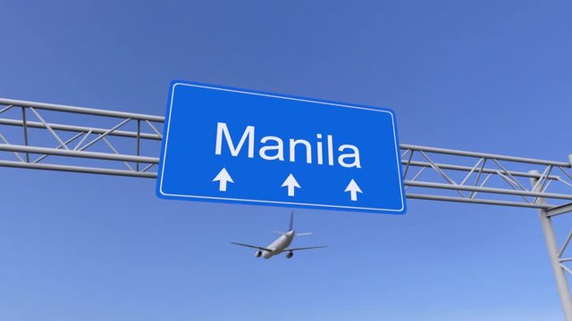 Commercial airplane arriving to Manila airport. Travelling to Philippines conceptual 4K animation