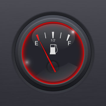 Fuel gauge. Black car dashboard equipment on black matted background