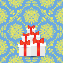 White Paper Boxes with Red Pibbons on Blue Yellow Ornamental Background. Stack of Gift Cardboards