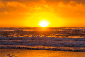 Deep Orange West Coast Sunset, Waves Crashing