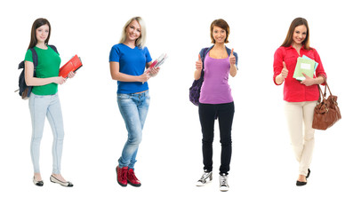 Obraz premium Group of happy female students. Collection set isolated on white backgound.
