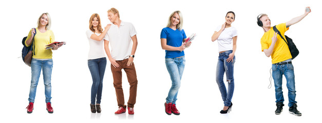 Group of happy students. Collection set isolated on a white backgound.