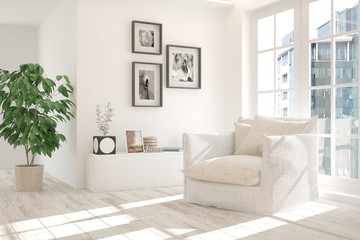 White room with armchair and urban  landscape in window. Scandinavian interior design. 3D illustration