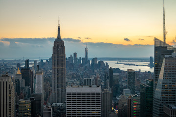 Naklejka premium Aerial view of Manhattan Skyline at sunset - New York, USA