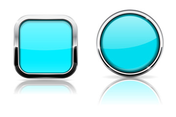 Blue turquoise buttons. Shiny glass square and round buttons with chrome frame