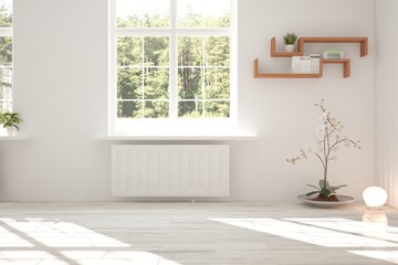 White empty room with green landscape in window. Scandinavian interior design. 3D illustration
