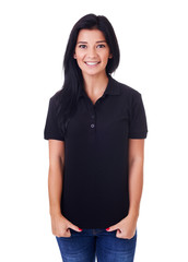 Young woman in black polo shirt on a white background