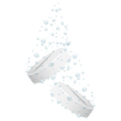Effervescent tablets, two pills with bubbles, isolated on white