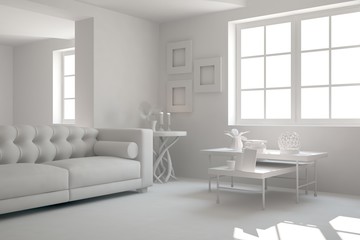 White modern room with sofa. Scandinavian interior design. 3D illustration