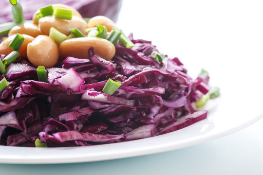 fresh salad of red cabbage with boiled beans
