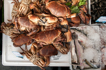 live crab, fresh crab and fish on the market stall