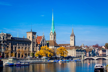 Switzerland. Panorama of Zurich with lake with boats on foreground