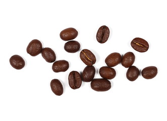 pile coffee beans isolated on white background and texture, top view