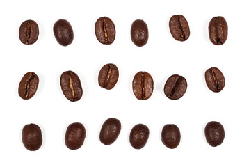 set coffee beans isolated on white background and texture, top view