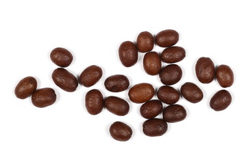 pile coffee beans isolated on white background and texture, top view