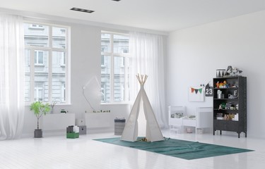 Small toy tepee in a kids playroom © XtravaganT