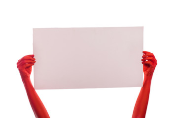 red hands with tablet on white background