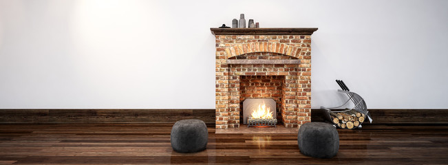 Fireplace in minimalist design interior