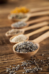 Natural medicine on wooden table background