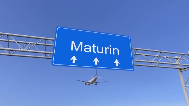 Commercial airplane arriving to Maturin airport. Travelling to Venezuela conceptual 4K animation