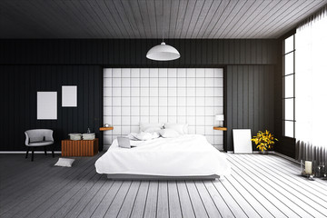 3D rendering : illustration of bedroom in soft light color. comfortable bed old vitage cement style bedroom.interior design of house.cement congrete loft wall. filtered image to comic halftone
