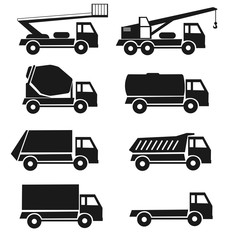 black detail icons types lorrry set. 8 trucks. Isolated industry vehicle