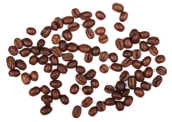 pile coffee beans isolated on white background and texture, top view