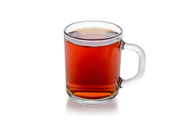 Transparent glass cup of tea isolated on white background