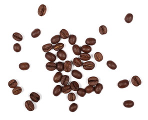 pile coffee beans isolated on white background and texture, top view