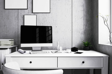 Fototapeta premium 3D Rendering : illustration of modern Creative designer office desk with PC computer.close up pc laptops mock up working place. Mock up. light from outside. filtered image to comic halftone