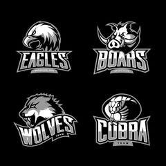 Furious cobra, wolf, eagle and boar sport vector logo concept set isolated on dark background. Premium quality wild animal, bird and snake t-shirt tee print illustration.
