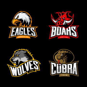 Furious cobra, wolf, eagle and boar sport vector logo concept set isolated on dark background. Premium quality wild animal, bird and snake t-shirt tee print illustration.