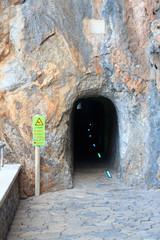 Tunnel to beach Torrent de Pareis and Mediterranean Sea, Majorca, Spain