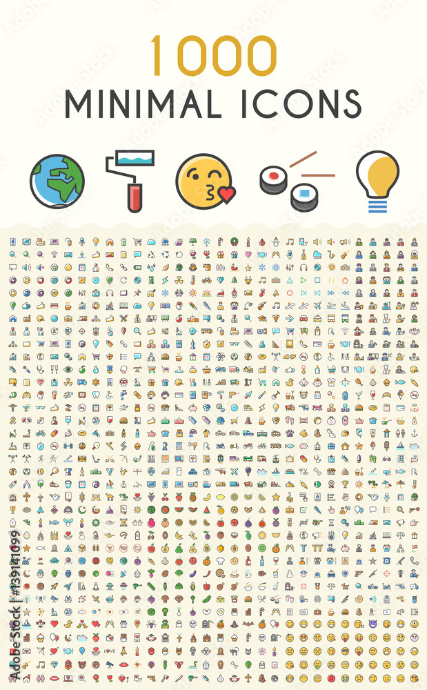 Poster set of 1000 minimalistic solid line colored . isolated vector elements