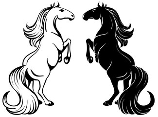 Isolated drawing of a Rearing horse - outline and silhouette