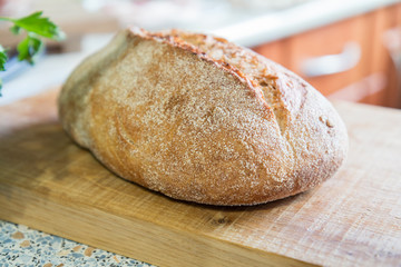 Fresh homemade bread on wooden board. Fresh green dill and parsley.  Shallow depth of field. Coloring and processing photo.