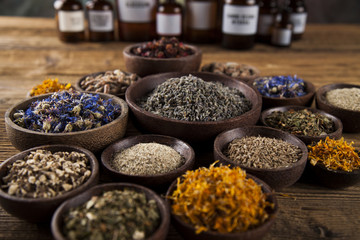 Herbal medicine on wooden desk background