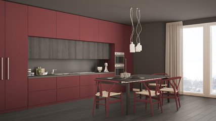 Modern minimal red kitchen with wooden floor, classic interior design