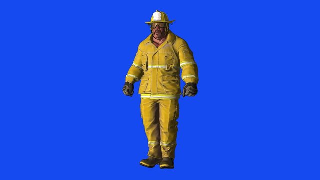 Isolated Fireman salutes on Chromakey Blue background
