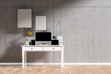 3D Rendering : illustration of interior Creative designer office desk with PC computer. laptops mock up working place of graphic design.light from outside. loft cement wall.