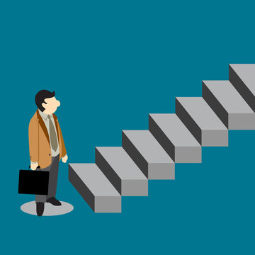 Simple Business Cartoon Vector of a man doubt to step to stairs