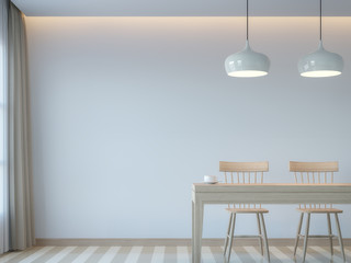 Modern white dining room minimal style 3D rendering Image.There white empty wall.Decorate room with light tone color and hidden light on ceiling
