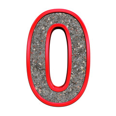 One digit from corroded steel with red frame alphabet set, isolated on white. 3D illustration.