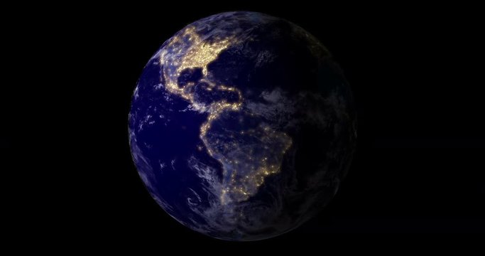 blue planet earth from space showing America and Africa at night with sparkle glitter city lights, USA, globe world isolated on black background, some elements of this image furnished by NASA