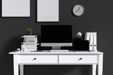 3D Rendering : illustration of interior Creative designer office desk with PC computer. laptops mock up working place of graphic design.light from outside. loft cement wall. clipping path included
