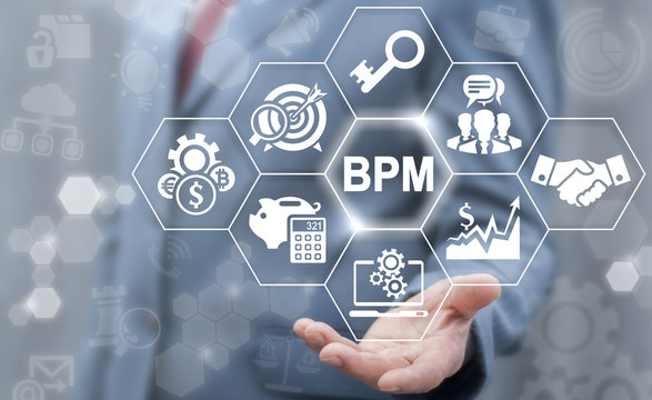 BPM: Business Process Management concept. Company Strategy, Marketing, Development technology. Businessman offer bpm icon on virtual screen.
