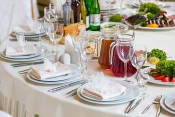 Catering table set service with silverware