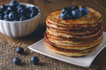 Stack of pancakes with blueberry for breakfast