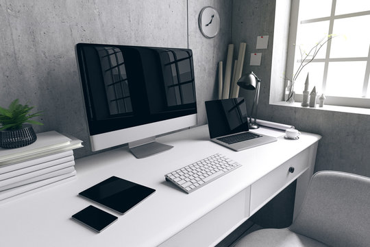 3D Rendering : illustration of interior Creative designer office desk with PC computer. laptops mock up working place of graphic design.light from outside. loft cement wall. clipping path included